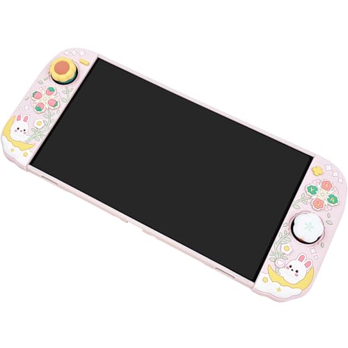 Protective Case for Nintendo Switch 2, Hard Back Shell + 2 Silicone Anti-Slip Controller Covers + 2 Joystick Caps, Rabbit and Flower Cover, Pink - color: Pink