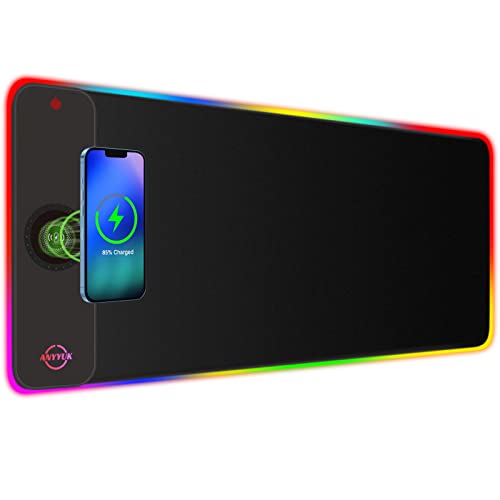 RGB LED Mouse Pad with 15W Wireless Charger Gaming Mouse Pad with 10 Light Modes, Extra Large Mousepad Non-Slip Rubber Base Computer Keyboard Mat for Men