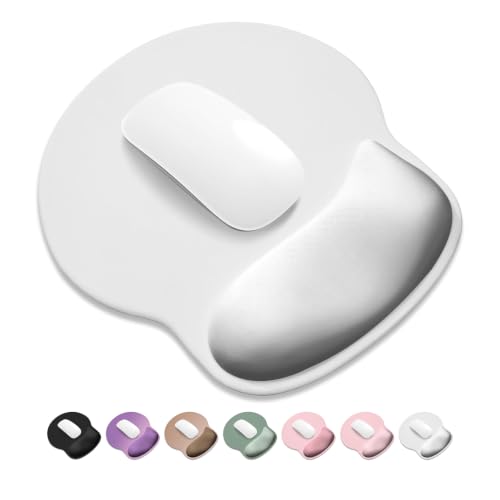 ITNRSIIET Ergonomic Mouse Pad with Wider Memory Foam Wrist Rest +17% - Curved Cushion Reduces Pressure 20%, Pain Relief, Non-Slip, Smooth, Cute Colors, 9.85 x 9 in, White - color: White