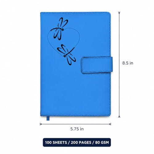 The Amazing Office Dragonfly Heart Refillable Journal, Light Blue Faux Leather, 200 Lined Pages, 5.75x8.5 Inch Notebook with Magnetic Clasp and Pen Holder, Writing Diary for Women and Men - color: Dragonfly-Heart Lt-Blue