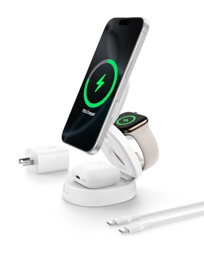 Belkin Qi2 15W Wireless Fast Charging Station, 3 in 1 iPhone Charger | Fast Charging, MagSafe Compatible, iPhone 17/16/15, Apple Watch, AirPods, Travel Charger, Magnetic - color: White, style: 3 in 1