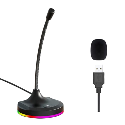 USB Computer Microphone with Mute Button and RGB Lighting,Plug&Play Mic for Conference,Gaming,YouTube,Desktop PC Mic for Mac/Window-Black-Black(M7)