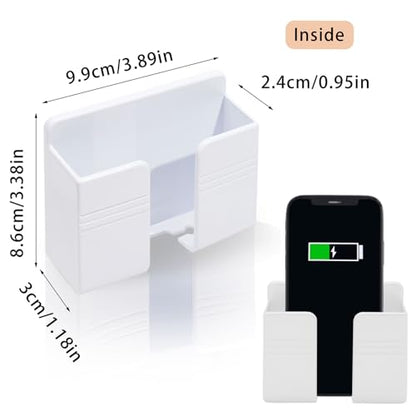 2 Pcs Wall Mount Phone Holder with Adhesive Phone Stand with Data Cable Receiving Hole, Phone Charger Stand Remote Control Storage Box for Bedroom, Kitchen, Bathroom, Office (White) - color: White