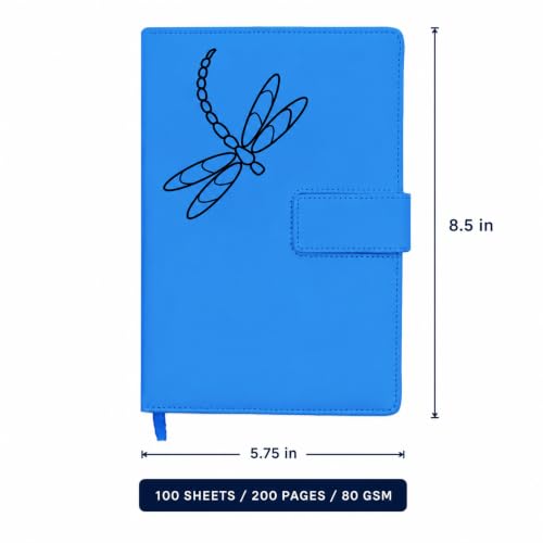 The Amazing Office Dragonfly Refillable Journal, Light Blue Faux Leather, 200 Lined Pages, 5.75x8.5 Inch Notebook with Magnetic Clasp and Pen Holder, Writing Diary for Women and Men - color: Dragonfly Lt-Blue