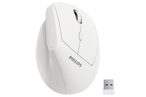 Philips Ergonomic Mouse - Vertical Mouse with 800/1200/1600 Adjustable DPI, 6 Silent Buttons, Auto Power Saving,Light Weight,2.4GHz Wireless Mouse for Laptop,Desktop, PC- White - color: White