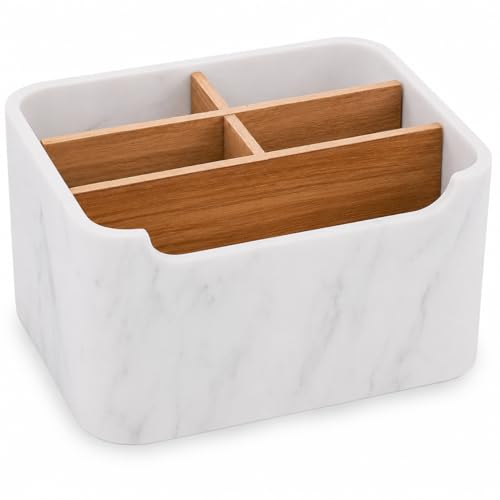 Remote Control Holder, Desk Organizer with Removable Dividers,White | 5-compartment resin and wood organizer holds remotes, pens, glasses, and media devices for desk, coffee table, or nightstand. - color: MARBLE, size: 1 Pack