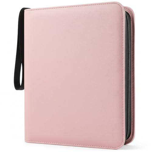 Top Loader Binder 4 Pocket for 144 Toploaders, Side Loading Toploader Binder for 3 x 4'' Rigid Cards with Zipper Closure, PU Leather Ringless 2x2 Card Binder for MTG/TCG/Sports/Games, Pink - color: Pink