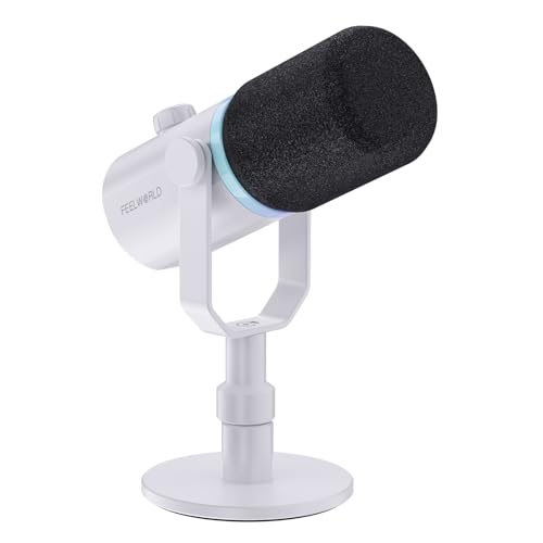 FEELWORLD PM1 White XLR USB Metal Podcast Dynamic Microphone with Desktop | PC Computer Gaming Streaming Mic with RGB Light, Studio Vocal Mic for Singing Recording Gifts, Mute Button, Headphones Jack - color: White