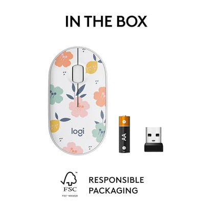 Logitech M340 Compact Ambidextrous Silent Wireless Mouse - Floral Bouquet | Silent clicks, with 2.4 GHz USB-A Nano Receiver, 3 non-customizable buttons, 18-months battery, Windows Mac Chrome compatible - color: Floral Bouquet