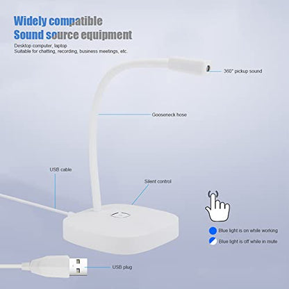 USB Desktop Microphone, Pc Laptop Mic 360° Adjustable Position Gooseneck Style with Touch Switch for Recording for Gaming Streaming(White)