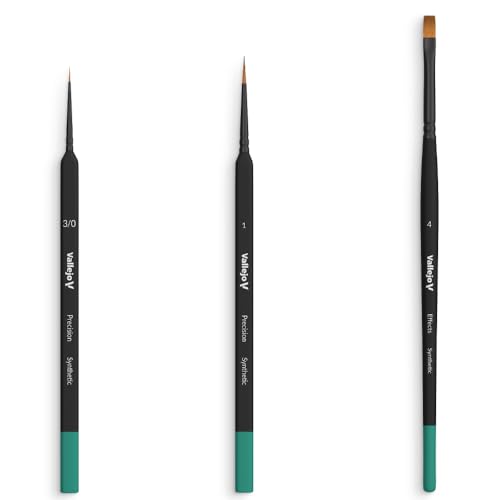 Vallejo - Starter Set | Hobby Brush Kit | Flagged Synthetic Bristles | Precision Series 1, 3/0 and Effects no. 4 | Lightweight and Ergonomic Wooden Handles | Ideal for Acrylic Detail Work - style: Starter Set