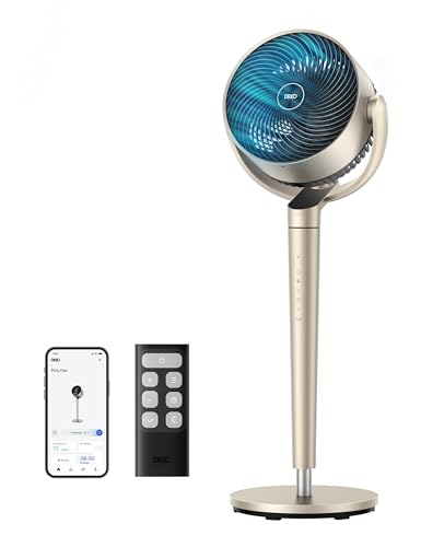 Dreo Pedestal Fan with Smart Control, 43'' Inches, 150°+120° Omni-Directional Oscillating Quiet Fans for Bedroom, 110ft Circulator Fan with DC Motor, 9 Speeds, 6 Modes, 12H Timer, Wi-Fi/Voice/Alexa - color: Gold
