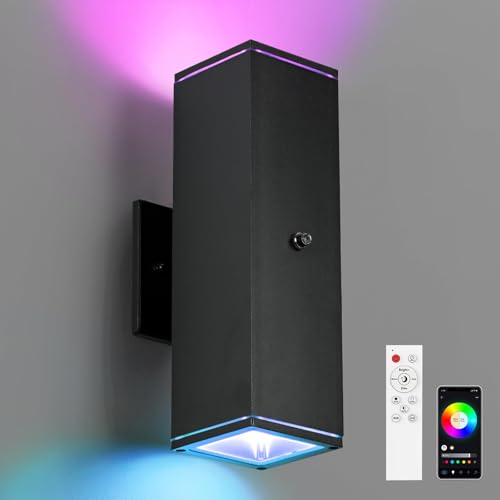 Outdoor Wall Lights 1 Pack, RGBCW Exterior Lighting Sconce,2700K-6500K Dimmable Smart Porch Lights Outdoor for House Patio Garage, Compatible with Alexa/Google Assistant, Bulb Included - color: Black-Square 1, size: 1 Pack