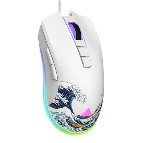 COSTOM Womier G705 USB Wired Gaming Mouse for PC Computer Windows Mac Laptop, Lightweight Silent RGB Backlit Mouse with Adjustable 12000DPI/7 Programmable Side Buttons,White Kanagawa Theme - color: white 2