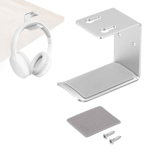 HARFINGTON Headphone Holder Stand Aluminum Headset Hook Headphone Clip Under Desk Hanger with Tape and Screws for Bedrooms Study Libraries Offices, Silver - color: Silver
