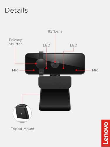 Lenovo Essential FHD Webcam Gen 2, Full HD, 1080p, Dual Microphones, 85 Degree FOV, 30 fps, USB-A Connection, Bulit-in Manual Privacy Shutter, Black