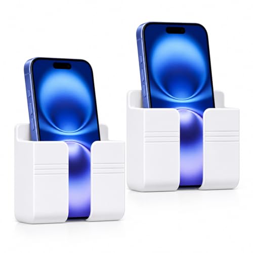 2 Pack Wall Phone Holder, Adhesive Phone Wall Mount with Cable Hole, Bathroom Bedside Kitchen RV Phone Holder Compatible with iPhone, Android Phones and Remote Controls (White) - color: 2 Pack-W