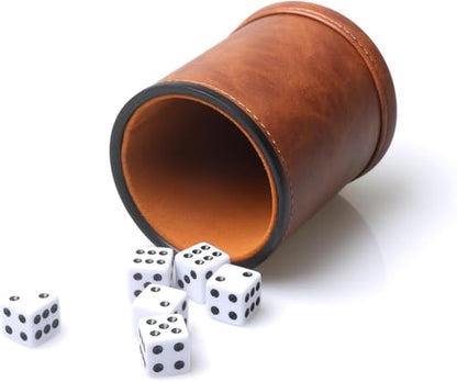 Brown PU Leather Dice Cup Set, Felt Lined Dice Shaker with 6 Dice for Liars Farkle Yahtzee Game, 2 Pack - color: Patterned Brown