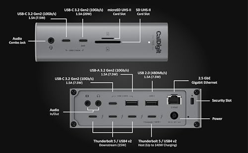 CalDigit TS5 Thunderbolt 5 Dock - 15 Port, 140W Charging, 80Gb/s TBT 5 x 4, USB-C 10Gb x 3, USB-A x2, 2.5Gb Ethernet, Dual 8K@60Hz Displays, SD & microSD UHS-II, 1m Braided Cable, Space Gray 240W PSU - style: TS5