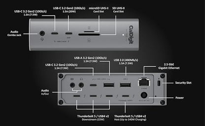 CalDigit TS5 Thunderbolt 5 Dock - 15 Port, 140W Charging, 80Gb/s TBT 5 x 4, USB-C 10Gb x 3, USB-A x2, 2.5Gb Ethernet, Dual 8K@60Hz Displays, SD & microSD UHS-II, 1m Braided Cable, Space Gray 240W PSU - style: TS5
