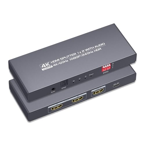 HDMI 2.0 Splitter 1 in 2 Out 4K 60Hz - HDCP2.2/2.3, EDID Mode,HDR, Dolby Atmos/DTS5.1/7.1 - for PS4/5, Apple TV 4K, Roku, Soundbar