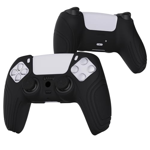eXtremeRate PlayVital Samurai Edition Black Anti-Slip Controller Silicone Skin for ps5, Ergonomic Soft Rubber Protective Case for ps5 Controller with Black Thumb Stick Caps - color: Black