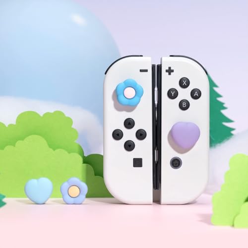 GeekShare Silicone Joy Con Thumb Grip Caps, Joystick Cover Compatible with Switch/OLED/Switch Lite,4PCS - Heart & Flower (Blue&Purple) - color: Heart & Flower Purple