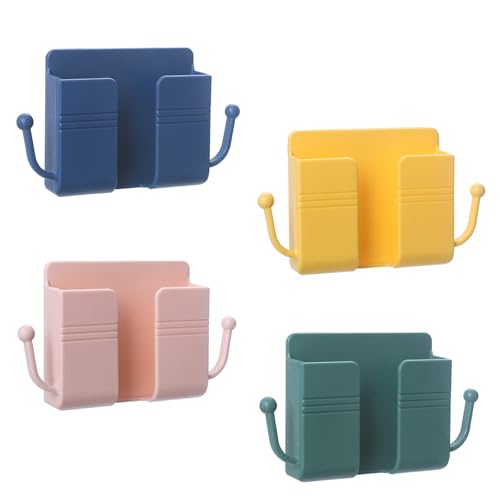 4Pcs Wall Mount Phone Holder Adhesive Wall Phone Mount Charging Stand and Remote Control Stand Multipurpose Socket Pocket Universal Deck Storage Box for Bedroom, Kitchen, Bathroom, Office
