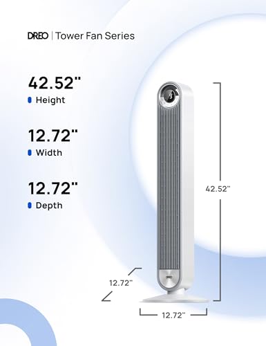 DREO Tower Fan for Bedroom, Upgraded DC 28ft/s Velocity, 20dB Quiet Fan | 9 Speeds Standing Fan, 90° Oscillating Cooling Fan, 4 Modes, 12H Timer, Bladeless Fan Powerful for Home, White - color: White