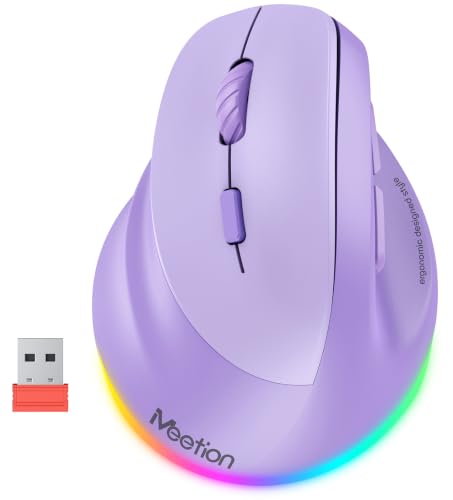 MEETION Left-Handed Wireless Ergonomic Vertical Mouse, Rechargeable -Purple | Dual Bluetooth 5.2/3.0 + USB, RGB lighting, 4 adjustable DPI, compatible with Windows, Mac, PC, iPad and tablets - color: Left Purple