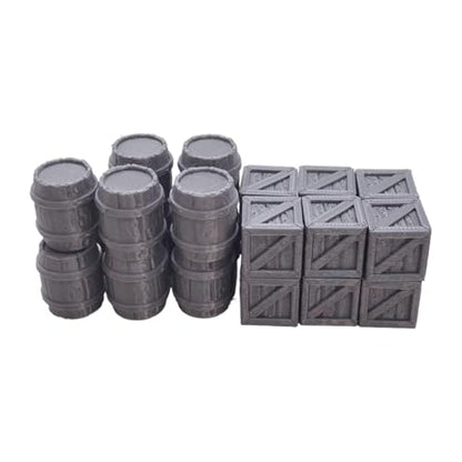 Crates and Barrels DND Terrain Compatible DND Terrain for 25mm Dungeons and Dragons, D&D,40k, RPG, 25mm MiniaturesTabletop RPGs, Wargame Scenery(12PCS Crates+11PCS Barrels)