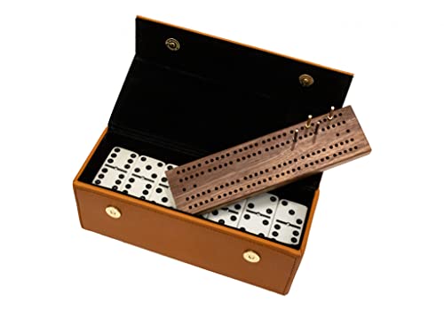 Alex Cramer Spinner Domino Set. Caramel Leather Case - Professional Tournament Traveler Domino Set - with Spinners - 28 Indestructible Double Six Dominoes - style: Domino Set with Spinners
