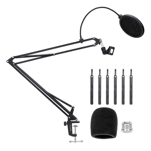 Amazon Basics Adjustable Microphone Boom Arm Stand, 19 inch, Supports Standard Microphones, Adjustable Tension, Includes Pop Filter & Windscreen, Desk Clamp Mount, Black - size: 19 inch
