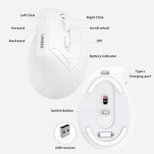 Uineer Ergonomic Vertical Mouse, 2.4G Wireless Mouse, Rechargeable, 4-DPI | Right-handed vertical design with 2.4G USB-A connection, rechargeable battery and visible battery level. - color: White