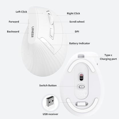 Uineer Ergonomic Vertical Mouse, 2.4G Wireless Mouse, Rechargeable, 4-DPI | Right-handed vertical design with 2.4G USB-A connection, rechargeable battery and visible battery level. - color: White