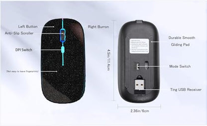 WREANU Wireless Bluetooth Mouse Rechargeable Laptop Mice with LED Lights Silent Slim Use(BT5.2 and 2.4G Portable USB Receiver)Dual Mode Computer Mouse for Laptop/iPad/Tablet/Apple/PC/Mac(Black Pearl) - color: Black Pearl