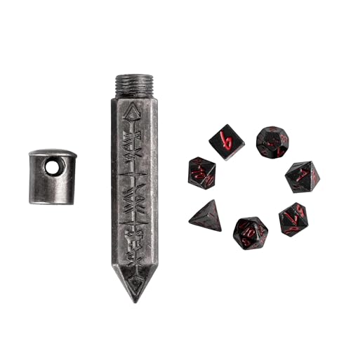 Mini Dice Set with Rune Keychain Case,7PCS Polyhedral Metal Dice Set for DND Role Playing Games(Silver/Black Red) - color: Silver/Black Red
