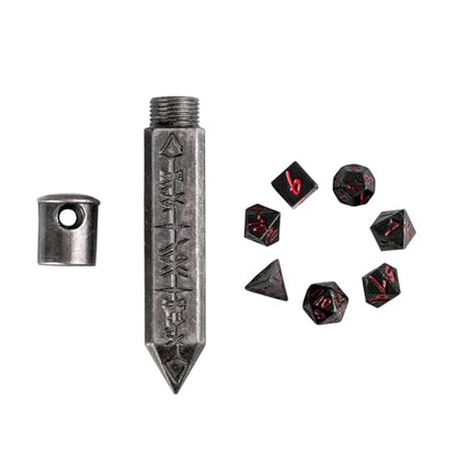 Mini Dice Set with Rune Keychain Case,7PCS Polyhedral Metal Dice Set for DND Role Playing Games(Silver/Black Red) - color: Silver/Black Red