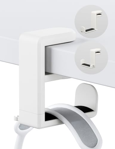 Headphone Hook Under Desk Holder 360-Degree Adjustable Rotation, White | Fits 0.47-1.57 in desks as headset stand hanger, easy spring clamp, soft rubber pads, built-in loop for cable organizer - color: Creamy White