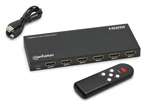 Manhattan HDMI Switch 5 in 1 Out, 8K 60Hz, 4K 120Hz, HDR, IR Remote, Metal Housing, 48Gbps, HDCP 2.3-208482 - size: 5 In x 1 Out