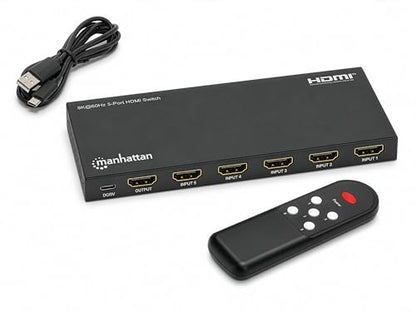 Manhattan HDMI Switch 5 in 1 Out, 8K 60Hz, 4K 120Hz, HDR, IR Remote, Metal Housing, 48Gbps, HDCP 2.3-208482 - size: 5 In x 1 Out