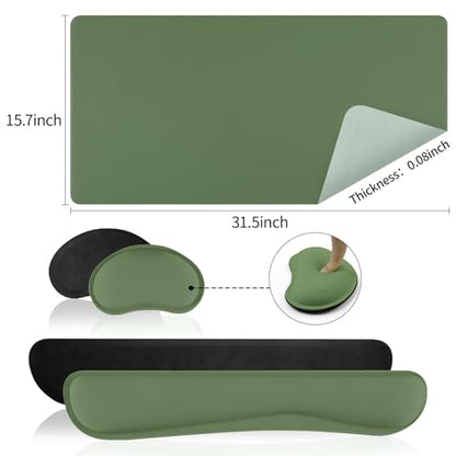 그린 가죽 책상 패드 및 키보드 손목 받침대, 80cm x 39.9cm | 3in1 마우스 패드 + 키보드 손목 받침대 + 마우스 손목 받침대, 미끄럼 방지 방수 책상 필기 패드 사무실 및 가정용 - color: 올리브 그린 손목 받침대, size: 31.5 x 15.7인치
