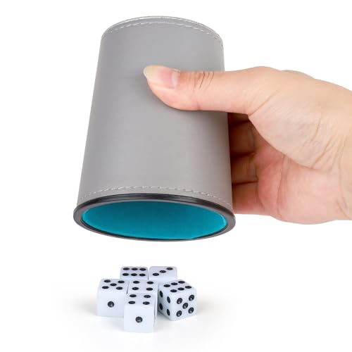 Felt-Lined PU Leather Dice Cup Set, 6 Quiet Dice Shaker Cups with 36 Dices for Bar Party Yahtzee Farkle Dice Games, Grey and Blue - color: Grey and Blue