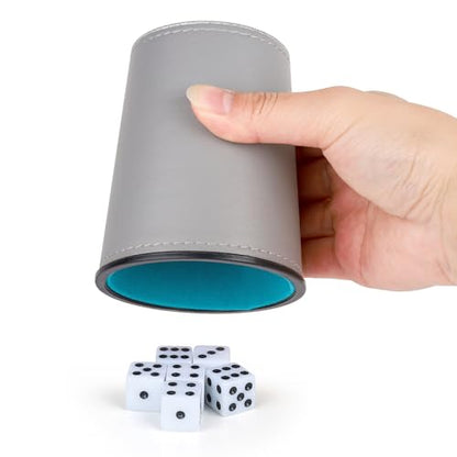 Felt-Lined PU Leather Dice Cup Set, 6 Quiet Dice Shaker Cups with 36 Dices for Bar Party Yahtzee Farkle Dice Games, Grey and Blue - color: Grey and Blue