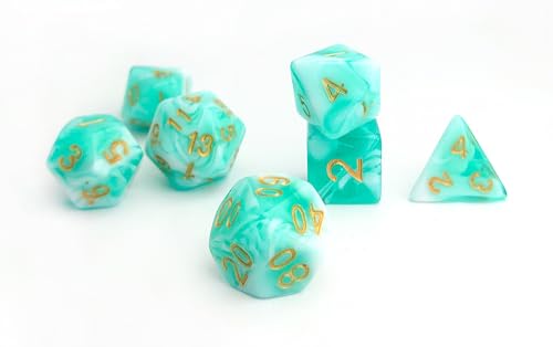 Green Mix 화이트 DND 주사위 7개 세트 (청록색 그린) | D&D, 던전 앤 드래곤, RPG, MTG 액세서리용 독특한 파스텔 다면체 주사위 - D20 시스템 세트 - color: 터키석 그린 & 화이트