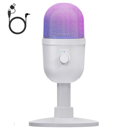 USB Gaming Condenser Microphone for PC/Desktop,192kHz/24Bit,Noise Cancellation,Monitoring,Quick Mute & RGB Lighting,USB PC Mic for Laptop,Podcast,Streaming,Recording White - color: White