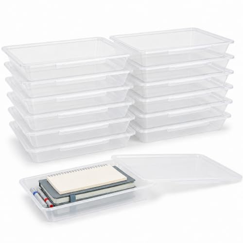 12 Pack Flat Storage Paper Tray with Clear Latching Lid Letter Size Organizer Bin Tray Plastic Latching File Organizer for Classroom Library School Office Teacher Desktop Book Organization (Clear) - color: Clear