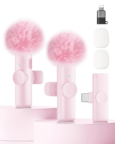 Wireless Microphone for iPhone iPad and Android Phone, 2 Pack Wireless Lavalier Lapel Mic with Noise Reduction, Plug and Play Mini Microphone for Video Recording Interview YouTube TikTok Vlog (Pink) - color: Pink, size: Without Case