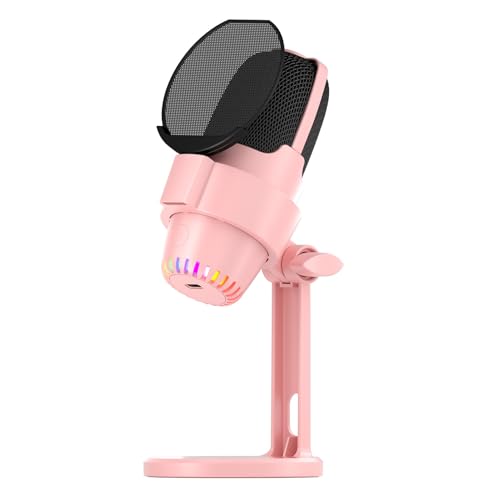 Dynamic USB RGB Microphone Computer Mic Kit with ENC Noise Cancellation Metal Stand One Key Plug and Play for Gaming Streaming Podcast Meeting Audio Recording (Pink) - color: Pink