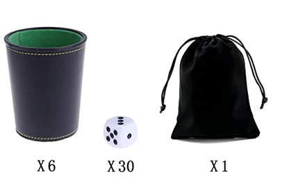Leather Dice Cup, Quite Felt-Lined Interior, 6 Shaker Cups and 30 Dot Dices, one Carry Bag (Black and Green) - color: Black and Green